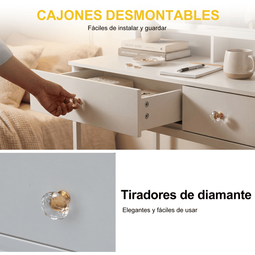 Toucador com espelho LED quadrado 3 modos de iluminação, banco acolchoado, 2 gavetas e espaço de arrumação para quarto e closet estilo moderno