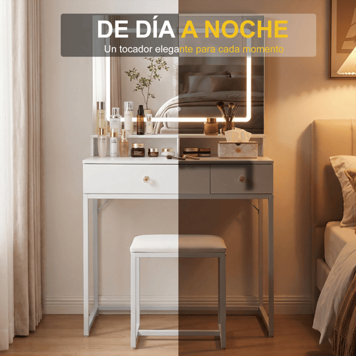Toucador com espelho LED quadrado 3 modos de iluminação, banco acolchoado, 2 gavetas e espaço de arrumação para quarto e closet estilo moderno
