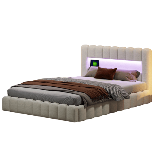 Cama adulta 180x200 cm com estrado estofado - arrumação integrada - linho - portas USB e LED regulável - capacidade 300 kg - bege