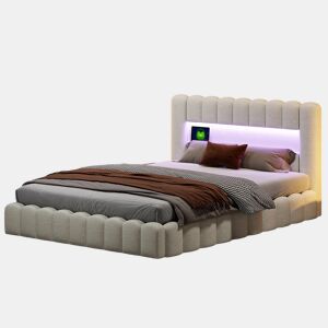 Cama adulta 180x200 cm com estrado estofado - arrumação integrada - linho - portas USB e LED regulável - capacidade 300 kg - bege