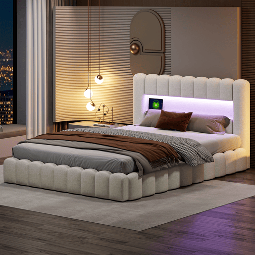 Cama adulta 180x200 cm com estrado estofado - arrumação integrada - linho - portas USB e LED regulável - capacidade 300 kg - bege