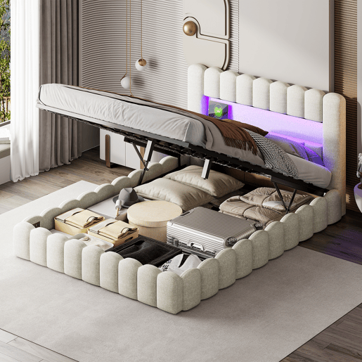 Cama adulta 180x200 cm com estrado estofado - arrumação integrada - linho - portas USB e LED regulável - capacidade 300 kg - bege