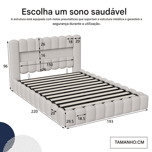 Cama adulta 180x200 cm com estrado estofado - arrumação integrada - linho - portas USB e LED regulável - capacidade 300 kg - bege