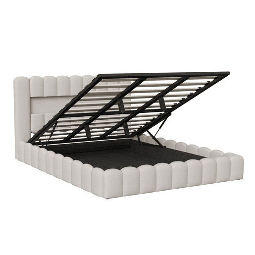 Cama adulta 180x200 cm com estrado estofado - arrumação integrada - linho - portas USB e LED regulável - capacidade 300 kg - bege