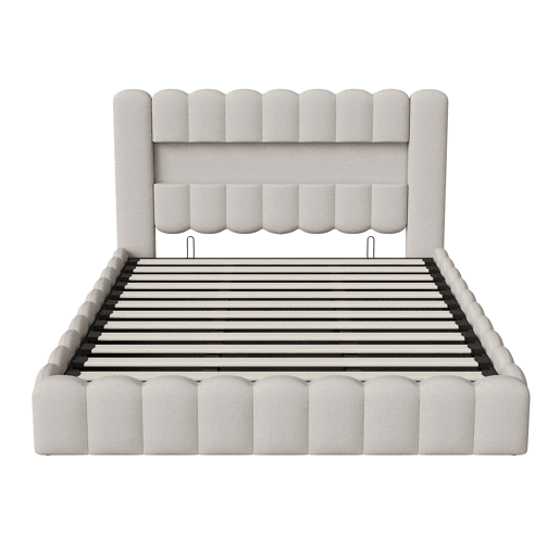 Cama adulta 180x200 cm com estrado estofado - arrumação integrada - linho - portas USB e LED regulável - capacidade 300 kg - bege