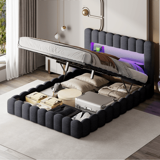 Cama adulta 140x200 cm com estrado estofado - arrumação integrada - linho - portas USB e LED regulável - capacidade 300 kg - cinza antracite Cama adulta 140x200 cm com estrado estofado - arrumação integrada - linho - portas USB e LED regulável - capacidade 300 kg - cinza antracite