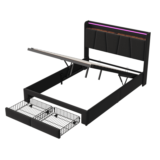 Cama com baú 140x190 cm - 2 gavetas - cama dupla estofada - LED e USBType-C - estrado de ripas - linho - cinza escuro
