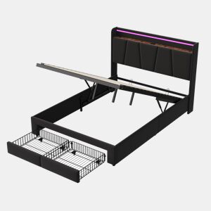 Cama com baú 140x190 cm - 2 gavetas - cama dupla estofada - LED e USBType-C - estrado de ripas - linho - cinza escuro