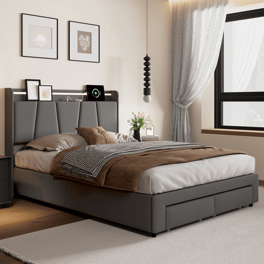 Cama com baú 140x190 cm - 2 gavetas - cama dupla estofada - LED e USBType-C - estrado de ripas - linho - cinza escuro