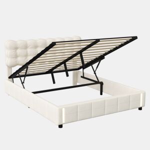 Cama estofada em veludo bege 140x200 cm com luz sensor LED, estrutura de molas, estrutura de ripas e espaço de arrumação