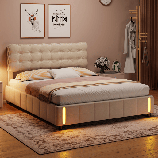 Cama estofada em veludo bege 140x200 cm com luz sensor LED, estrutura de molas, estrutura de ripas e espaço de arrumação Cama estofada em veludo bege 140x200 cm com luz sensor LED, estrutura de molas, estrutura de ripas e espaço de arrumação