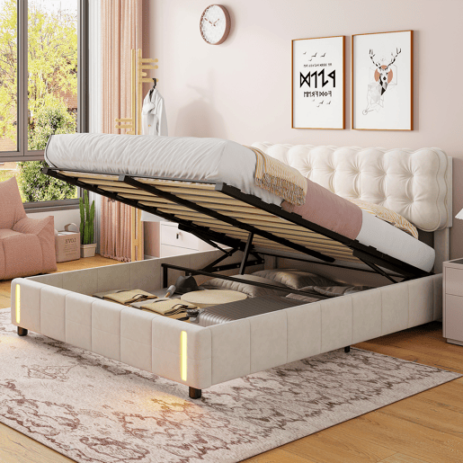 Cama estofada em veludo bege 140x200 cm com luz sensor LED, estrutura de molas, estrutura de ripas e espaço de arrumação Cama estofada em veludo bege 140x200 cm com luz sensor LED, estrutura de molas, estrutura de ripas e espaço de arrumação