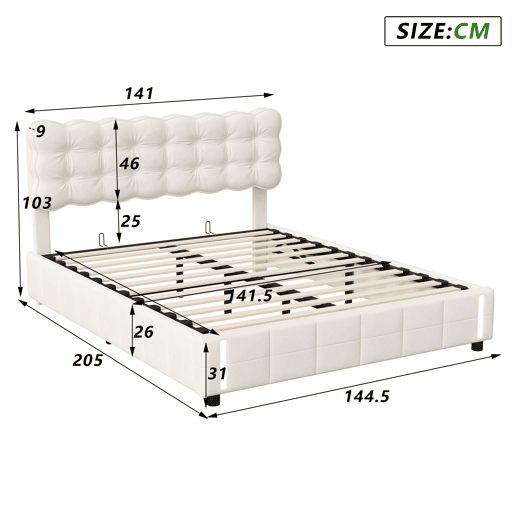 Cama estofada em veludo bege 140x200 cm com luz sensor LED, estrutura de molas, estrutura de ripas e espaço de arrumação Cama estofada em veludo bege 140x200 cm com luz sensor LED, estrutura de molas, estrutura de ripas e espaço de arrumação