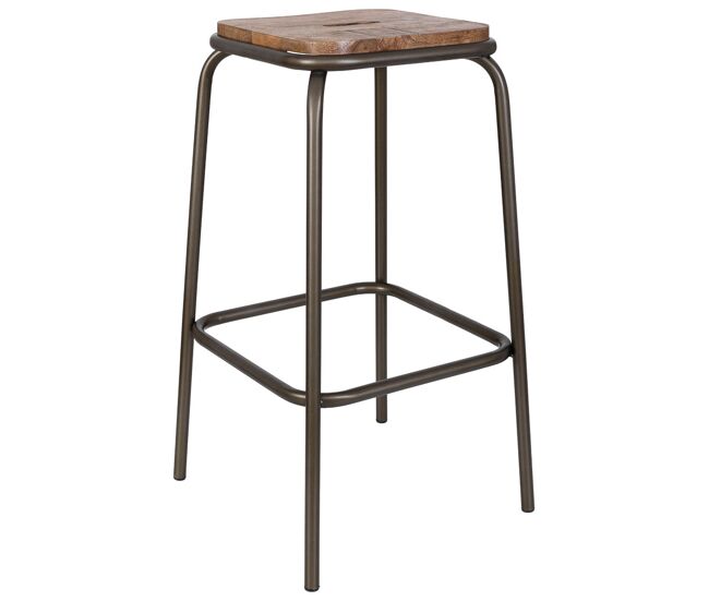 Taburete de madera artesanal y metal marrón y negro 40x40x69h cm