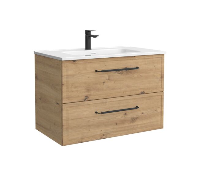 Mueble de baño runa 70cm roble 2 cajones + lavabo 1 poza porcelana