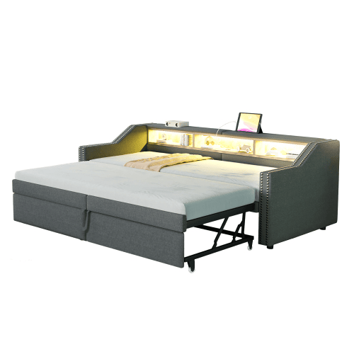 Sofá-cama Ninho Extensível em Linho com 3 Compartimentos de Arrumação, Iluminação LED e Porta USB, 90180x200 cm, Cinzento Escuro