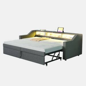 Sofá-cama Ninho Extensível em Linho com 3 Compartimentos de Arrumação, Iluminação LED e Porta USB, 90180x200 cm, Cinzento Escuro