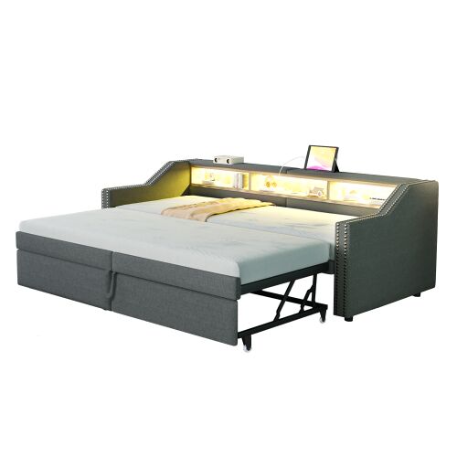 Sofá cama nido extensible de lino con 3 compartimentos de almacenaje, iluminación led y puerto usb, 90/180x200 cm, gris oscuro