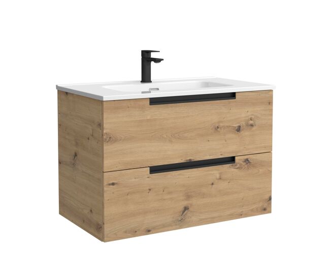 Mueble de baño leni 60cm roble 2 cajones + lavabo 1 poza porcelana