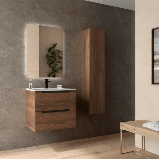 Móvel LENI Nogueira 60cm 2 gavetas lavatório 1 cuba Porcelana|60x45x54 Móvel LENI Nogueira 60cm 2 gavetas lavatório 1 cuba Porcelana|60x45x54