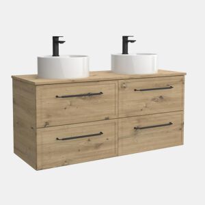 Móvel RUNA Carvalho 120cm 4 gavetas lavatório sobre bancada 2 cubas Porcelana|120x45x54