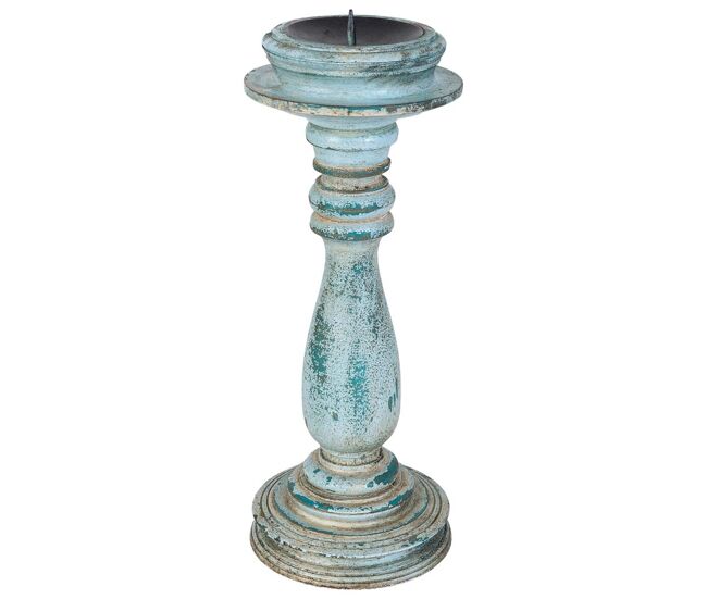 Candelabro de madera artesanal azul 12x12x30h cm
