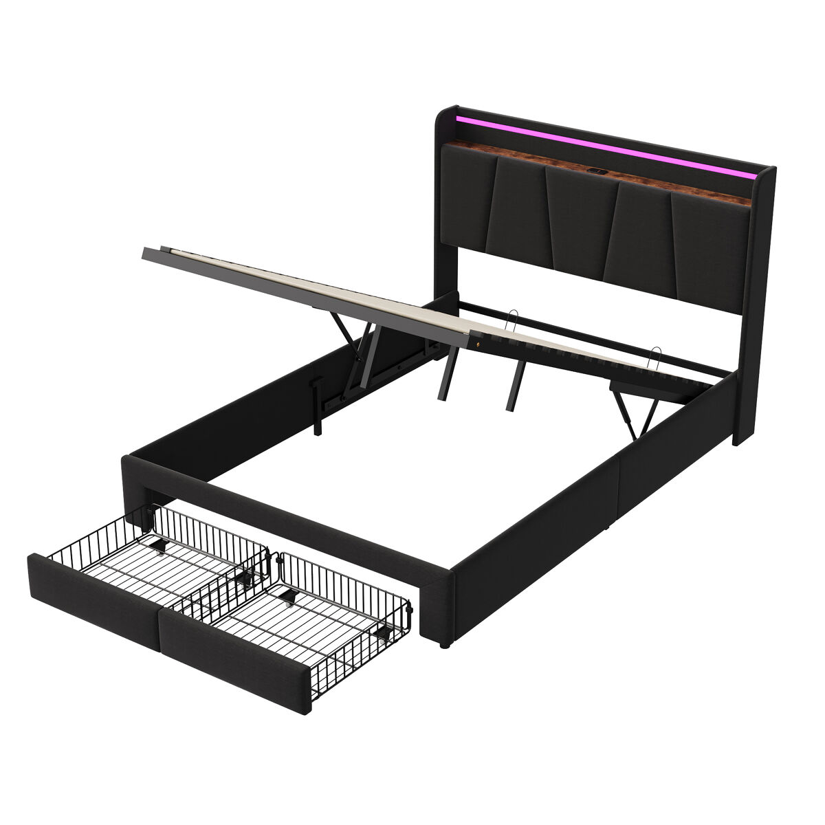 Cama de almacenamiento de 160x200 cm - 2 cajones - cama doble tapizada - iluminación led, puerto usb y puerto tipo c - base de láminas - lino - gris