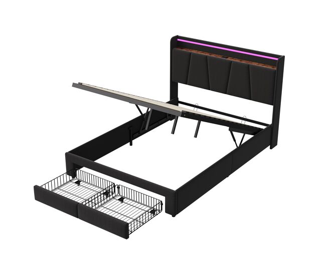 Cama de almacenamiento de 160x200 cm - 2 cajones - cama doble tapizada - iluminación led, puerto usb y puerto tipo c - base de láminas - lino - gris