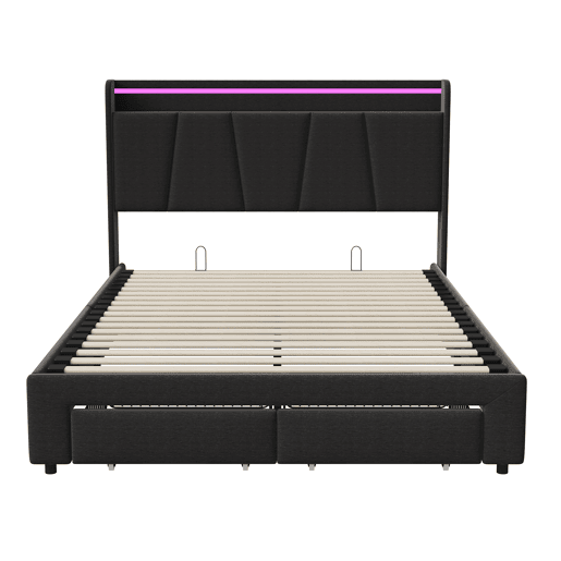 Cama com baú 160x200 cm - 2 gavetas - cama dupla estofada - LED e USBType-C - estrado de ripas - linho - cinza escuro Cama com baú 160x200 cm - 2 gavetas - cama dupla estofada - LED e USBType-C - estrado de ripas - linho - cinza escuro
