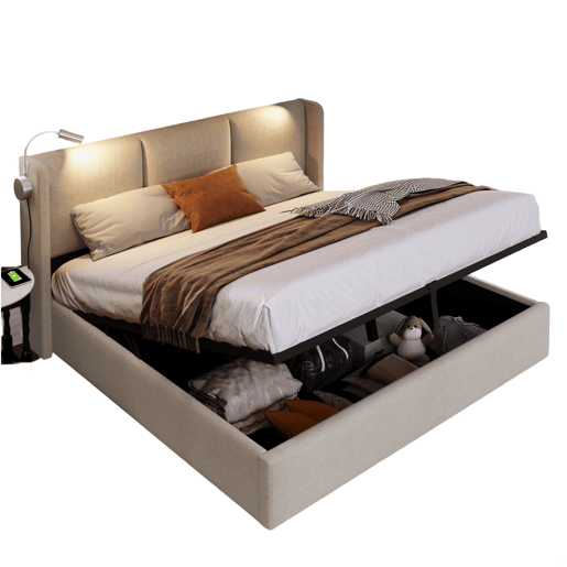 Cama 160x200 cm - LED - USB - arrumação - estrado de ripas - linho Bege - cama dupla Cama 160x200 cm - LED - USB - arrumação - estrado de ripas - linho Bege - cama dupla