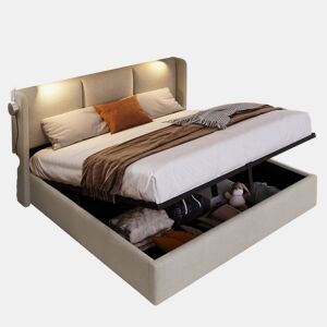 Cama 160x200 cm - LED - USB - arrumação - estrado de ripas - linho Bege - cama dupla