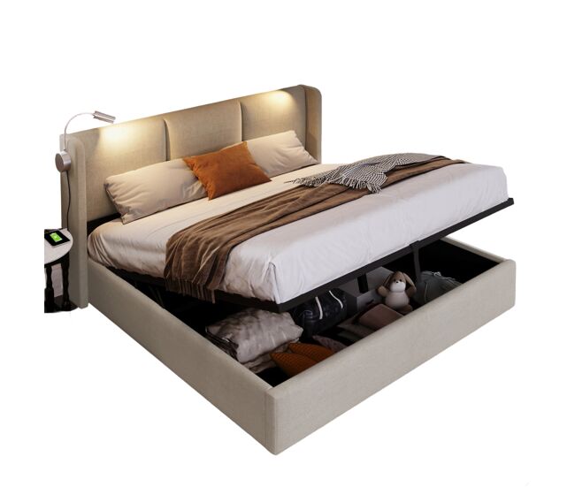 Cama de 160x200 cm con led, usb y espacio de almacenamiento – base de láminas, ropa de cama beige, cama doble