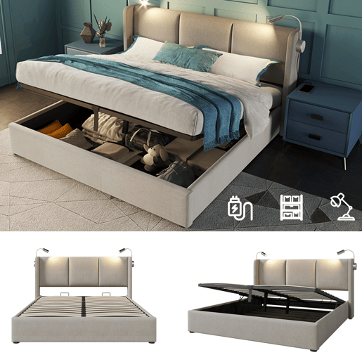Cama 160x200 cm - LED - USB - arrumação - estrado de ripas - linho Bege - cama dupla Cama 160x200 cm - LED - USB - arrumação - estrado de ripas - linho Bege - cama dupla