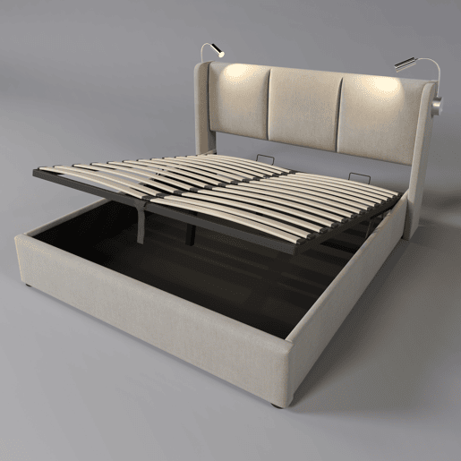 Cama 160x200 cm - LED - USB - arrumação - estrado de ripas - linho Bege - cama dupla Cama 160x200 cm - LED - USB - arrumação - estrado de ripas - linho Bege - cama dupla