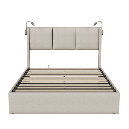 Cama 160x200 cm - LED - USB - arrumação - estrado de ripas - linho Bege - cama dupla Cama 160x200 cm - LED - USB - arrumação - estrado de ripas - linho Bege - cama dupla