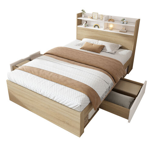 Cama individual de madera con colchón 90x200 cm, cabecero con almacenamiento y 2 cajones, blanco y roble