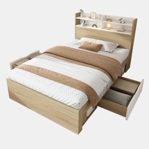 Cama Individual de Madeira com Colchão 90x200 cm, Cabeceira com Arrumação e 2 Gavetas, Branco e Carvalho