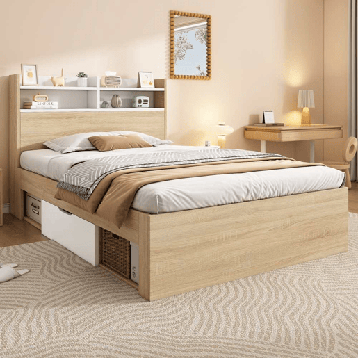 Cama Individual de Madeira com Colchão 90x200 cm, Cabeceira com Arrumação e 2 Gavetas, Branco e Carvalho Cama Individual de Madeira com Colchão 90x200 cm, Cabeceira com Arrumação e 2 Gavetas, Branco e Carvalho