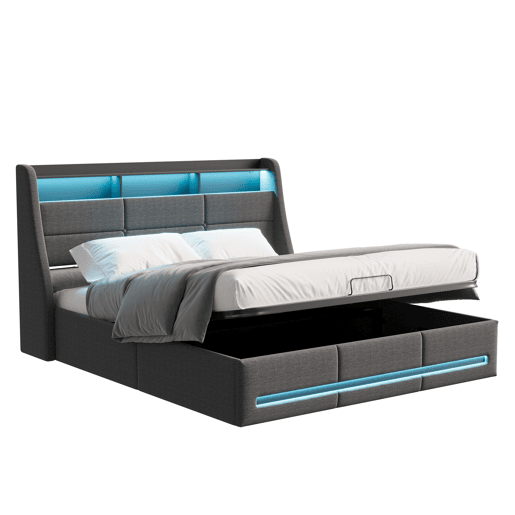 Cama com arrumação, iluminação LED e tomada elétrica integrada em tecido cinzento u2013 140x200 cm u2013 Estrutura com elevadores hidráulicos, cabeceira e peseira iluminadas, amplo espaço de arrumação. Cama com arrumação, iluminação LED e tomada elétrica integrada em tecido cinzento u2013 140x200 cm u2013 Estrutura com elevadores hidráulicos, cabeceira e peseira iluminadas, amplo espaço de arrumação.