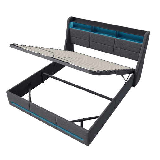 Cama com arrumação, iluminação LED e tomada elétrica integrada em tecido cinzento u2013 140x200 cm u2013 Estrutura com elevadores hidráulicos, cabeceira e peseira iluminadas, amplo espaço de arrumação. Cama com arrumação, iluminação LED e tomada elétrica integrada em tecido cinzento u2013 140x200 cm u2013 Estrutura com elevadores hidráulicos, cabeceira e peseira iluminadas, amplo espaço de arrumação.