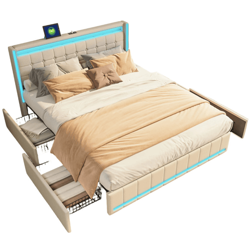 Cama 140x190cm, USB, cama jovem, cama de casal, 4 gavetas, LED, linho, bege Cama 140x190cm, USB, cama jovem, cama de casal, 4 gavetas, LED, linho, bege