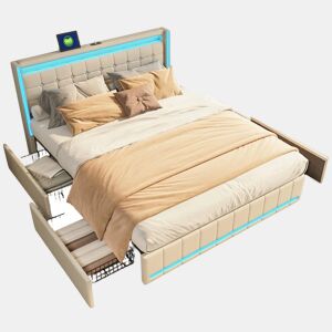 Cama 140x190cm, USB, cama jovem, cama de casal, 4 gavetas, LED, linho, bege