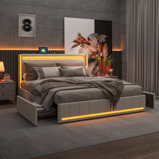 Cama 140x190cm, USB, cama jovem, cama de casal, 4 gavetas, LED, linho, bege Cama 140x190cm, USB, cama jovem, cama de casal, 4 gavetas, LED, linho, bege
