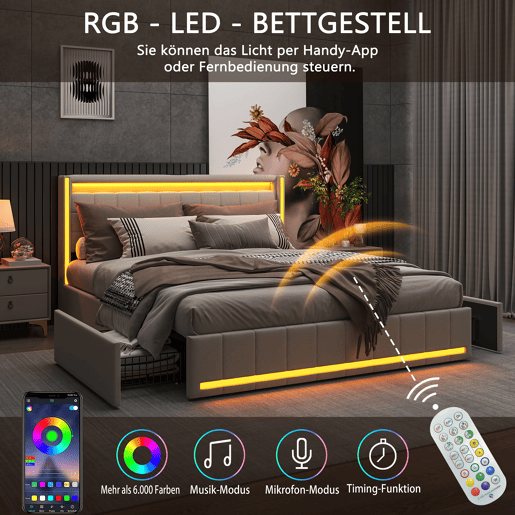 Cama 140x190cm, USB, cama jovem, cama de casal, 4 gavetas, LED, linho, bege Cama 140x190cm, USB, cama jovem, cama de casal, 4 gavetas, LED, linho, bege