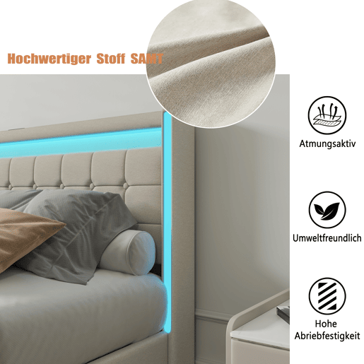 Cama 140x190cm, USB, cama jovem, cama de casal, 4 gavetas, LED, linho, bege Cama 140x190cm, USB, cama jovem, cama de casal, 4 gavetas, LED, linho, bege