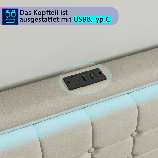 Cama 140x190cm, USB, cama jovem, cama de casal, 4 gavetas, LED, linho, bege Cama 140x190cm, USB, cama jovem, cama de casal, 4 gavetas, LED, linho, bege
