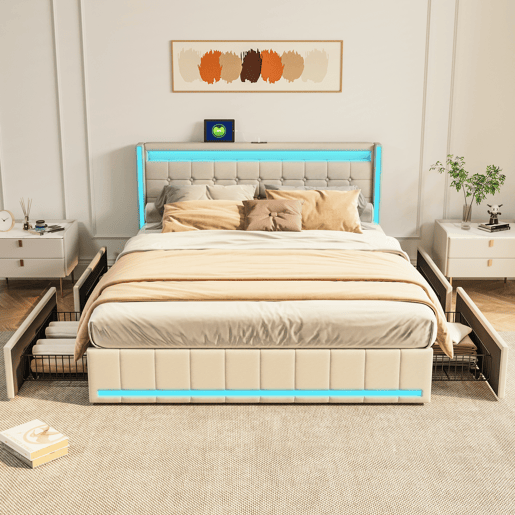 Cama 140x190cm, USB, cama jovem, cama de casal, 4 gavetas, LED, linho, bege Cama 140x190cm, USB, cama jovem, cama de casal, 4 gavetas, LED, linho, bege