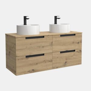 Móvel LENI Carvalho 120cm 4 gavetas lavatório sobre bancada 2 cubas Porcelana|120x45x54