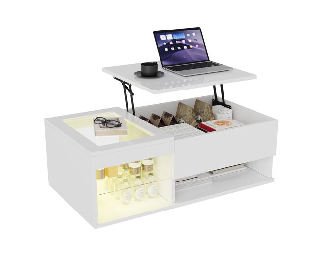 Mesa de centro de 100 cm con acabado blanco brillo, iluminación led, tapa de cristal transparente y doble espacio de almacenamiento para salón moderno