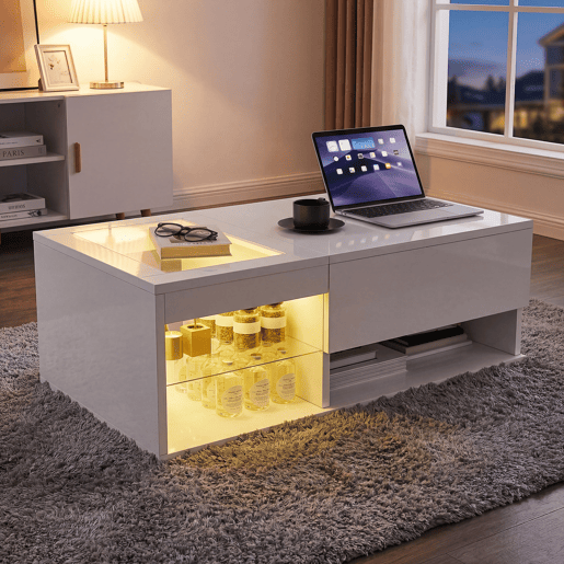 Mesa de centro de 100 cm com acabamento branco brilhante, iluminação LED, tampo em vidro transparente e duplo espaço de arrumação para sala de estar moderna Mesa de centro de 100 cm com acabamento branco brilhante, iluminação LED, tampo em vidro transparente e duplo espaço de arrumação para sala de estar moderna